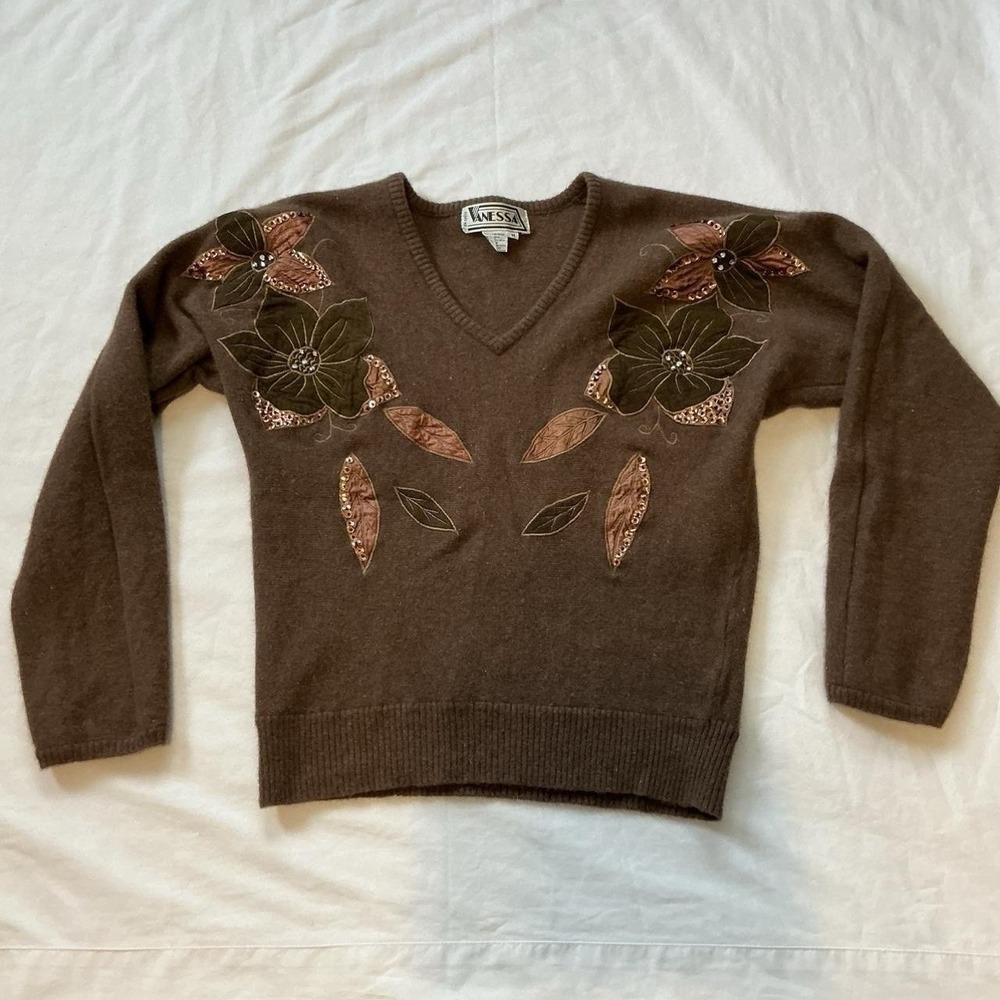 Vanessa Vintage Brown Floral Brown‎ V Neck Sweater Boho Cottagecore Size Medium